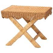 bali & pari Modesta Natural Rattan Accent Bench - Handwoven Wicker Seating with Scalloped Apron and X-Frame Base, Coastal Boho Entryway or Bedroom Seating